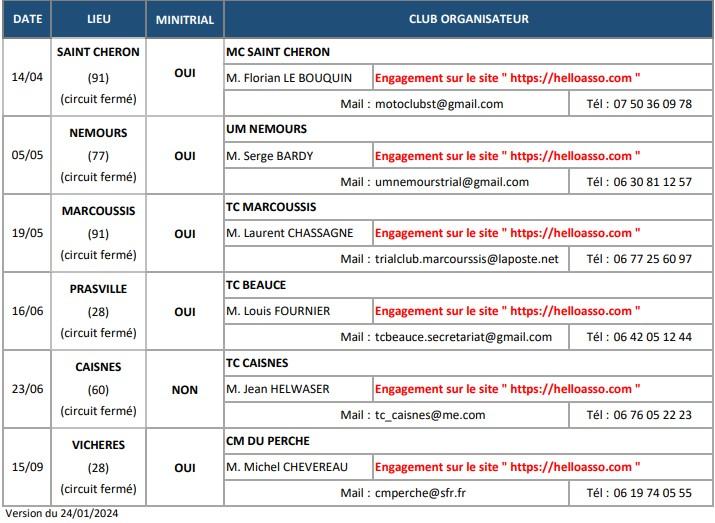 Calendrier Ile de France 2025 avec les contacts